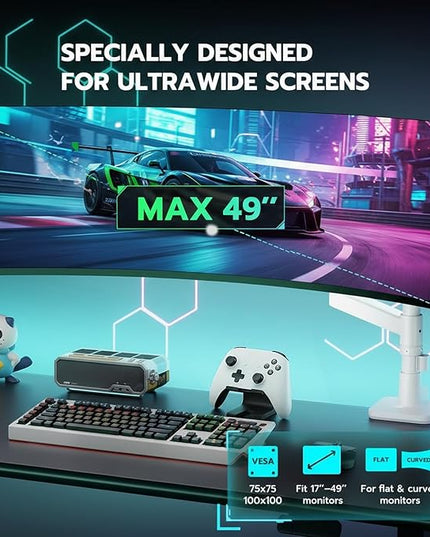 ARES WING Heavy Duty Monitor Arm with USB A/C, Tall Ultrawide Monitor Arm for 17 to 49 inch Screen, Holds 44 lbs, Adjustable Gas Spring Desk Mount, White