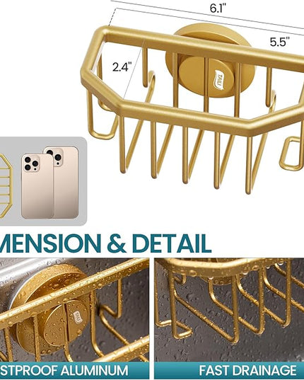 TAILI Sponge Holder for Kitchen Sink with Strong Suction Cup Removable, Rustproof Aluminum Sink Caddy for Sponge, Brush, Scrubber, Scraper -Gold