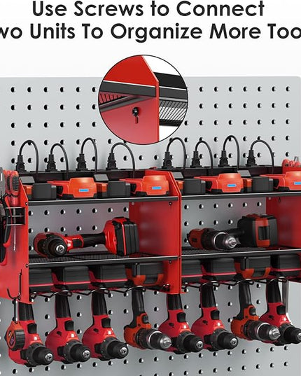 CCCEI Modular Power Tool Organizer Wall Mount with Charging Station. Garage Drill Storage Shelf with Hooks, Heavy Duty Rack, Tool Battery Holder Built in 8 Outlet. Gift for Men. Red, 1 Pack.