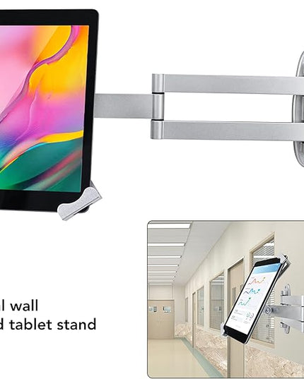 Tablet Wall Mount Holder with fold,Extend Adjustable Arm Swivel &Anti Theft Security Lock &Key, Multi Angle,Bracket for Most 7 to10.8 Inch,for iPad 10.9&11,Galaxy tab,& More(Silver)