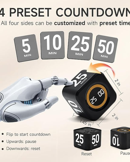 Exlliy Rotating Productivity Timer 5, 25, 10, 50 Minutes Preset, Desk Cube w/Gravity Sensor for ADHD, Mute Functions, Ideal for Work, Study, Kitchen, Back to School (1, Black)