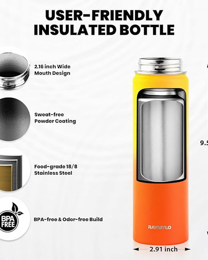 Insulated Water Bottle 20 oz, Triple Wall Vacuum Stainless Steel (Cold for 48 Hrs), Leak Proof & Non-BPA, Kids Water Bottle Jug for School with Straw Spout Lids, Ombre Orange