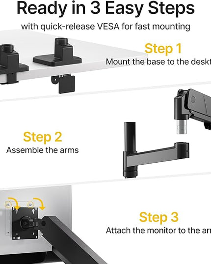 monTEK Tall Single Monitor Arm for 17 to 45 Inch Curved Screen Adjustable Upgraded Heavy Duty Ultrawide Monitor Arm Holds 35 Lbs Cable Management with C Clamp, Grommet Base, VESA 75/100mm, MA1007PBK