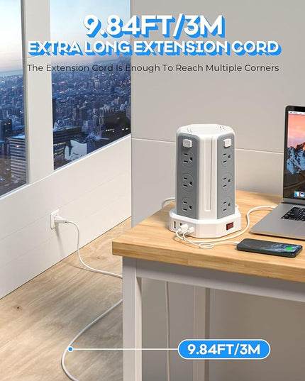 Power Strip Surge Protector, 10 Ft Extension Cord with 12 AC Multiple Outlets 4 USB (1 USB C), SMALLRT Power Tower Desktop Charging Station (White, 10 FT)