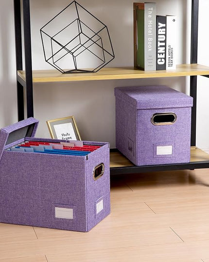 PRANDOM File Organizer Box - Set of 4 Collapsible Decorative Linen Filing Storage Hanging File Folders with Lids Office Cabinet Letter Size Purple (14x9.3x10.8 inch)