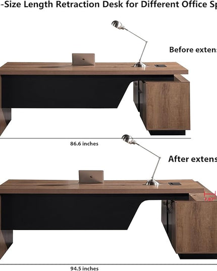 Retractable L-Shaped Executive Desk, Modern Office Desk with Drawers and Lateral File Cabinet, Large Computer Desk with Storage Shelves, Workstation for Home Office (Left Return, 86.6 - 94.5 IN)