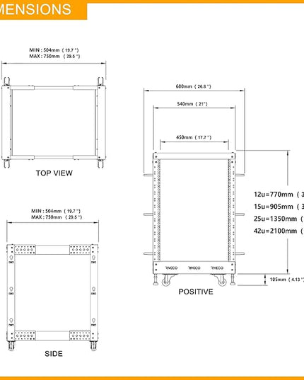 RIVECO 25U Server Rack Adjustable Depth Network 4 Post Cabinet Open Frame with Leveling Feet & Wheels Fully Rivets 1400 LBS