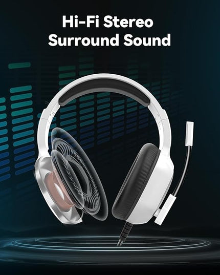 Gaming Headset with Microphone for Pc, Xbox One Series X/s, Ps4, Ps5, Switch, Stereo Wired Noise Cancelling Over-Ear Headphones with Mic, RGB, for Computer, Laptop, Mac, Nintendo, Gamer (White)