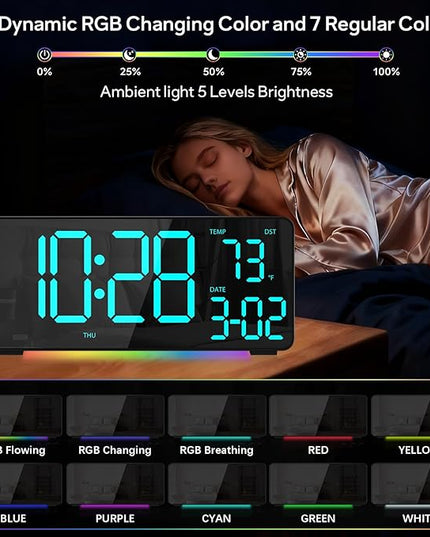 Digital Alarm Clocks for Bedrooms, RGB Desk Clock with 15 Color Display, Date Temperature and Weekday, DST, Snooze, 2 Alarms, Ambient Lighting for Living Room, Bedside Office Gaming Desk Decor
