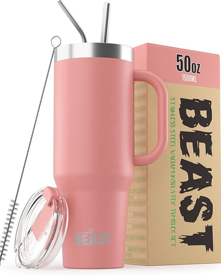Beast 50 oz Tumbler with Handle Stainless Steel Vacuum Insulated Coffee Ice Cup Double Wall Travel Flask (Blossom Pink)