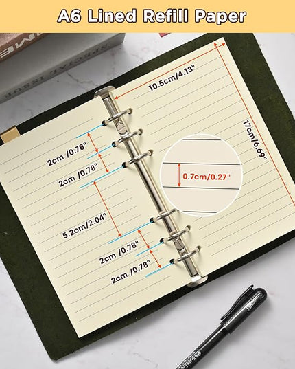 A6 6-Hole Lined Loose-Leaf Paper, Beige – Refill Pages for Standard A6 6-Ring Binder, Journals, Planners – Ideal for Office, Study, Recipes, Travel & Budgeting – Pack of 2 (80 Sheets per Pack)