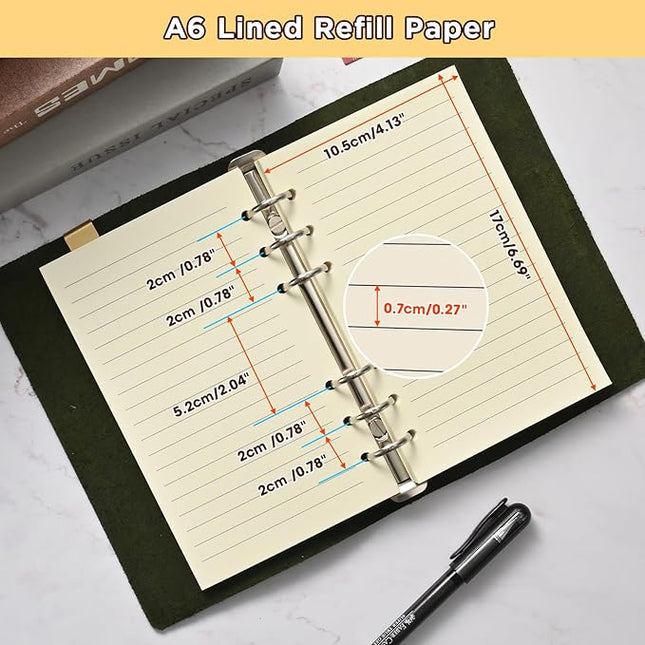 A6 6-Hole Lined Loose-Leaf Paper, Beige – Refill Pages for Standard A6 6-Ring Binder, Journals, Planners – Ideal for Office, Study, Recipes, Travel & Budgeting – Pack of 2 (80 Sheets per Pack)
