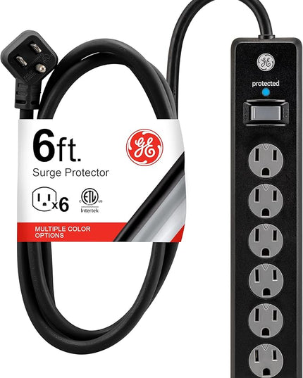 GE Surge Protector Power Strip,6 Ft Extension Cord,6 Outlet Extender,800 Joules,Flat Plug,Twist-to-Close Safety Covers,ETL Listed,Black,33661,(Pack of 10)