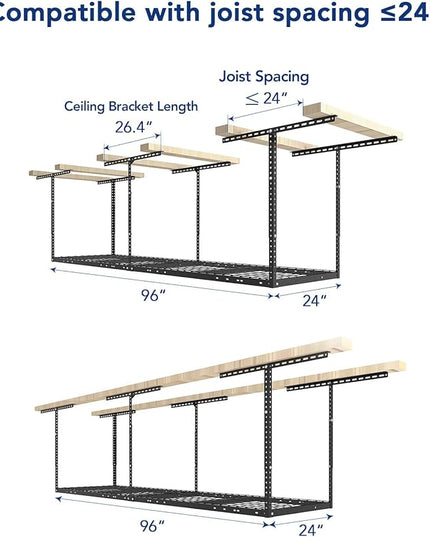 FLEXIMOUNTS 2x8 Garage Storage Rack, Adjustable Overhead Storage Organization System, Heavy Duty Metal Ceiling Rack, 400lbs Weight Capacity, Black, Classic Series
