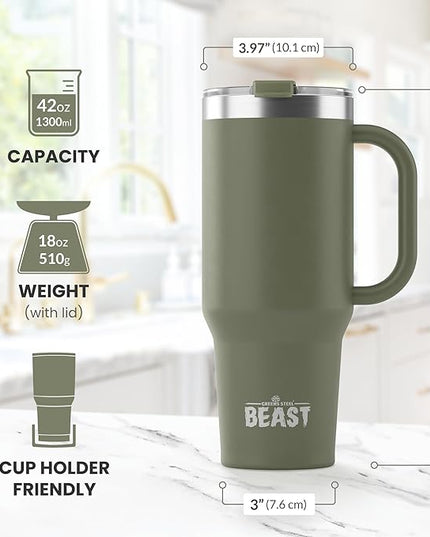Beast 42 oz Tumbler with Handle Stainless Steel Vacuum Insulated Coffee Ice Cup Double Wall Travel Flask (Army Green)