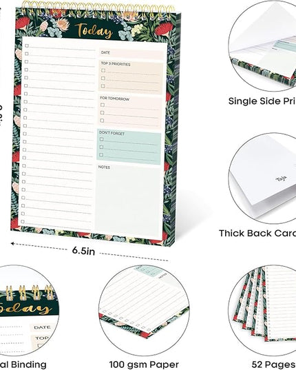 Taja To Do List Notepad - To Do List Notebook for Work with 52 Sheets, 9.8" x 6.5", Undated Daily Planner Perfect for Daily Tasks and Goal Setting, Notepad Suitable for Office, Home & School - Sage Blossom