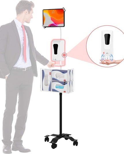 Compact Security Stand - CTA Secure Gooseneck Floor Stand with Sanitizing Station & Automatic Soap Dispenser for, iPad 7th/ 8th/ 9th Gen 10.2" & Other 7-13" Tablets (PAD-SCGSST)