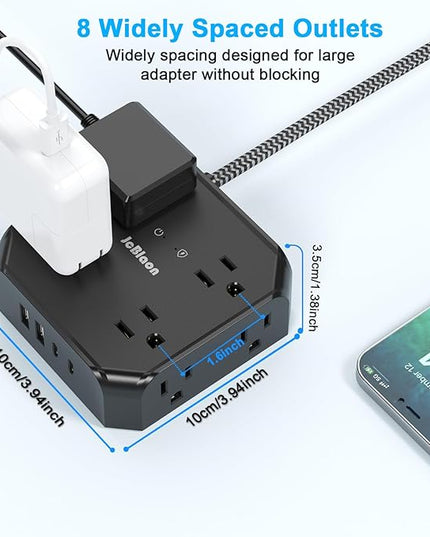 Surge Protector Power Strip-15 Ft Flat Plug Extension Cord with 8 Widely Outlets and 4 USB Ports(2 USB C) Multi Plug Outlet Extender for Office, School, Travel and Dorm Room Essentials-Black