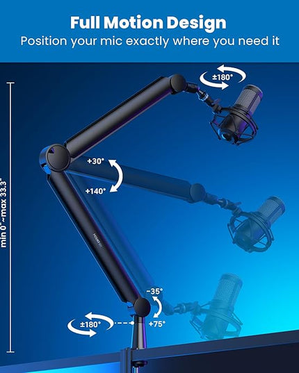 Mount-It! Mic Arm, Microphone Boom Arm, Adjustable Full Motion Mic Desk Mount, for Streaming, Gaming, Podcast, Recording, 3/8" and 5/8" Compatible, Height up to 33.3", Black