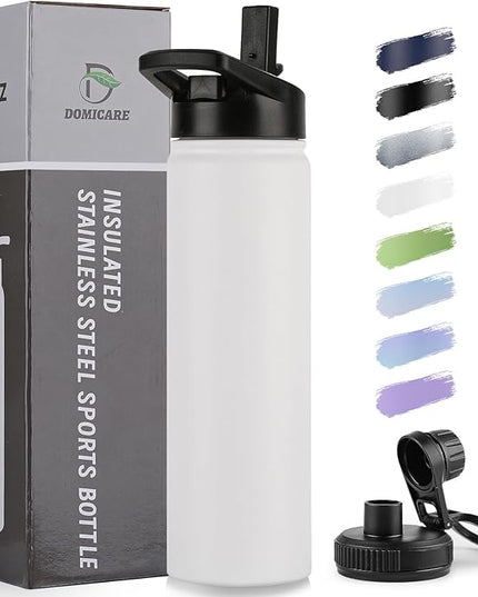DOMICARE Insulated Water Bottle, 22 oz Vacuum Insulated Stainless Steel Reusable Sports Bottle with Straw Lid & Spout Lid for Travel, Camping, Bike, Leakproof, White, 1 Pack