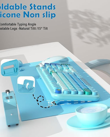 Wireless Keyboard Mouse Combo, MOFII 104 Round Keys Lovely Full-Size Cute Colorful Keyboard and Mouse with Retro Typewriter for PC/Mac/Laptop/Tablet/Computer/Windows Blue