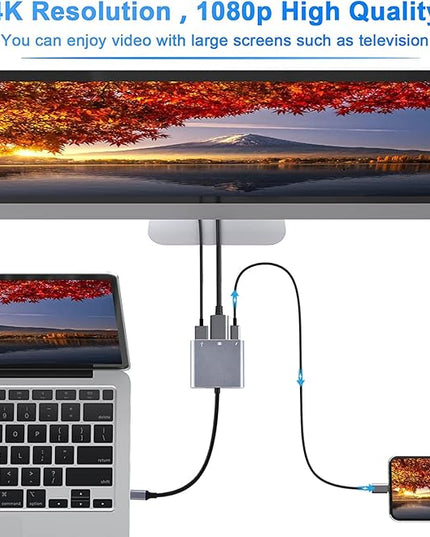 Battony Multiport AV Adapter with 4K HDTV Output USB 3.0 Port & USB-C Fasting Charging Port Compatible for MacBook Pro M1/16-20 Air M1/18-20 Ipad pro iMac and Other usbc Devices