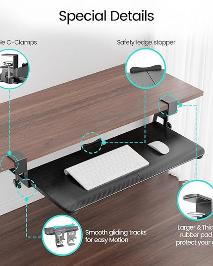 NearHub Large Keyboard Tray Under Desk Slide Out with Extra Sturdy C Clamp Mount System,26'' (30'' including Clamps) x11 Slide-Out Keyboard Drawer Under Desk for Typing,Keyboard Mouse Tray,Black