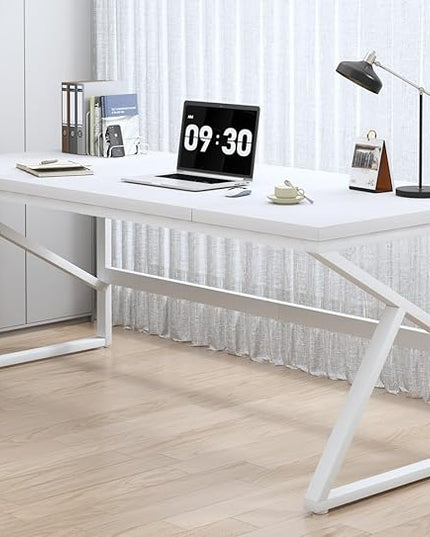 HSH 70 Inch Long White Computer Desk, Modern Large Executive Work Writing Study Gaming Desk for Home Office, Industrial Metal Wooden Two Person Desk Dual Monitor Workstation in Bedroom Living Room