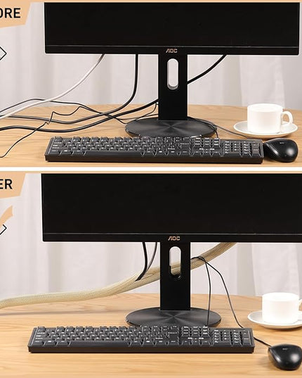 AGPTEK Cable Sleeve Cover, 10ft - 1.5 inch Desk Cord Organizer Cable Hider, Home Office Wire Management Computer TV Wire Loom Tubing, Pet Proof Cord Protector, from Cat Dog Chewing, Wood Color