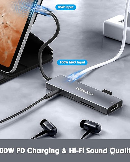 USB C Hub, HUBFINDER 9 in 1 Multiport Adapter with 100W Power Delivery，4K HDMI Output，3 USB3.0 and USB-C 5 Gbps Data Ports，SD/TF Card Reader，3.5mm Headphone Jack，for MacBook Air, MacBook Pro,iPad Pro