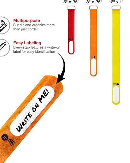 Wrap-It Storage Cinch-Straps (Assorted 16 Pack) Hook and Loop Straps with Metal Buckles and Write on Labels for Easy Cord Identification, Waterproof, Reusable, Multi-Purpose, Adjustable