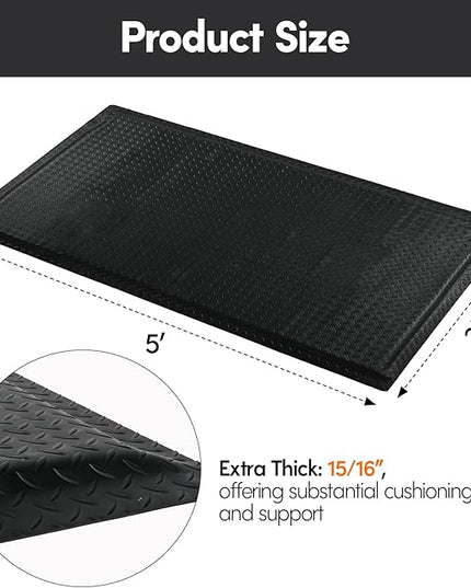 Nisorpa Anti Fatigue Mats Industrial 3' x 5' Ergonomic Standing Mat 15/16" Extra Thick Kitchen Rugs for Standing Heavy Duty Commercial Diamond Plate - Safety Support for Leg & Back Pain, Black
