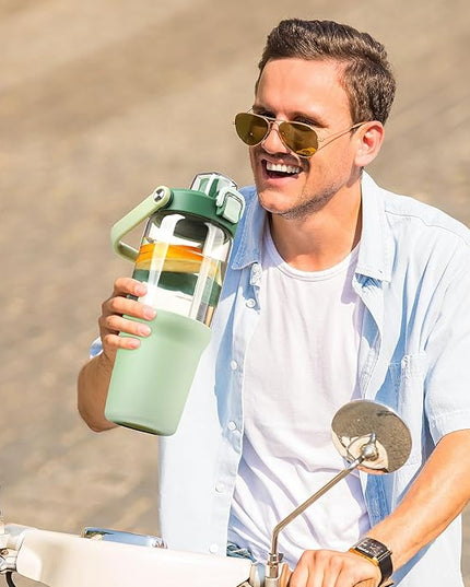 Glass Tumbler with Carry Handle, Clear Glass Water Bottle with Leakproof Lid, Spout Lid&Straw, BPA-Free, 32 oz, Light Green