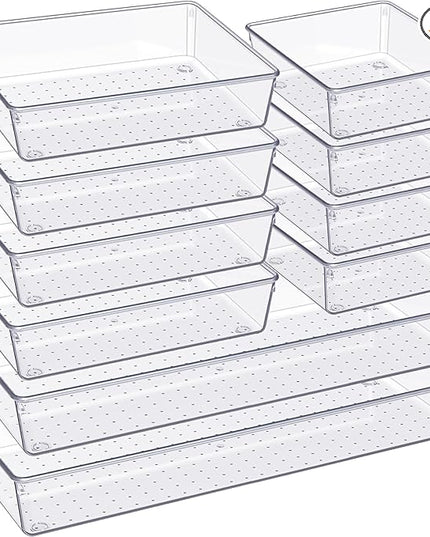 Criusia Drawer Organizer, 10 Pack Large Clear Plastic Set, 3 Size Versatile Bathroom and Vanity Organizer Trays, Storage Bins for Makeup, Bedroom, Kitchen Utensils