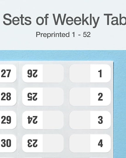 Redi-Tag Weekly Adhesive Tabs, Preprinted Weekday Tabs, 2 Sets of 1-52, 7/17" x 1", 2 Sets, Durable and Customizable Labels with Permanent Adhesive for Planners and Files, White (1006547)