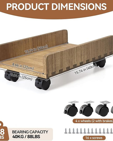 KIRIGEN Computer Tower Stand Cart - Heavy Duty Desktop Mobile Cart Holder for Computer Host with 4 Mute Caster Wheels - Wood Rolling ATX PC Case Rack, CPU Case Protecting Shelf (ZJJ Dark Brown)