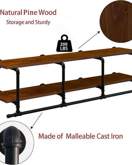 Wall Mounted Clothes Rack 12 Inch Deep, 60 Inch Heavy Duty Garment Rack with Real Walnut Wood Shelf, Multi-Purpose Hanging Rod & Space-Saving Closet Storage Organizer