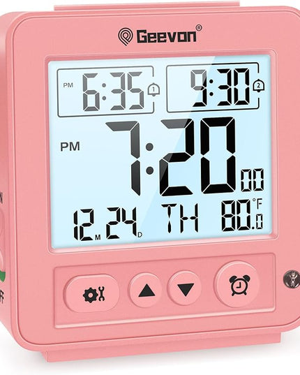 Geevon Smart Night Light Small Digital Alarm Clock with 2 Increasing Beep Alarm, Indoor Temperature, Battery Operated Travel Clock for Bedroom, Bedside, Desk(Pink)
