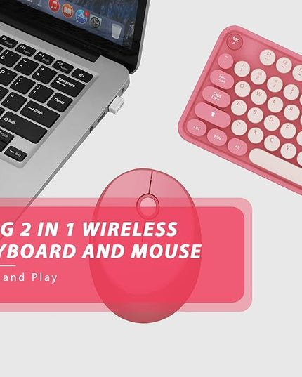 Wireless Keyboard,KOOTOP Cute Colorful 104 Keys Typewriter Retro Round Keycaps Keyboard for PC Laptop,Desktop,Windows, Home and Office Keyboards(Pink)