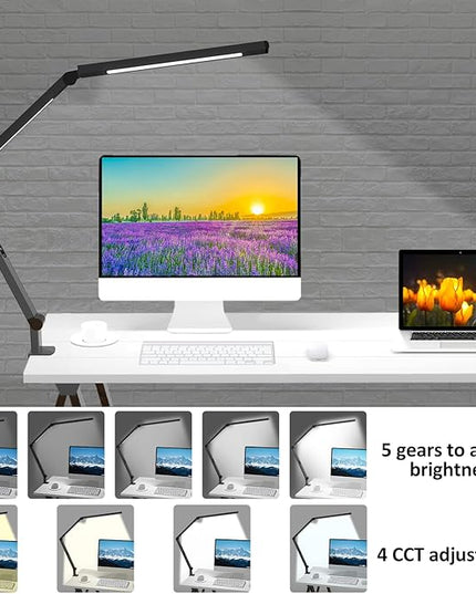 LED Desk Lamp with Clamp, Architect Desk Lamp with Dual Light and Adjustable Swing Arm, Clip-on Eye-Care 4 CCT Modes & 5 Brightness Levels Table Light Modern Computer Lighting for Home Office