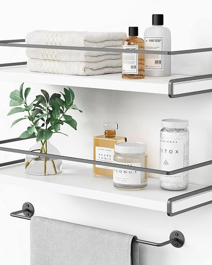 Forbena White Floating Shelves for Bathroom Organizer Over Toilet, Bathroom Shelves Wall Mounted with Towel Rack, Corner Wall Shelf for Bedroom Decor Kitchen Storage (White-Dark Grey, Set of 2)