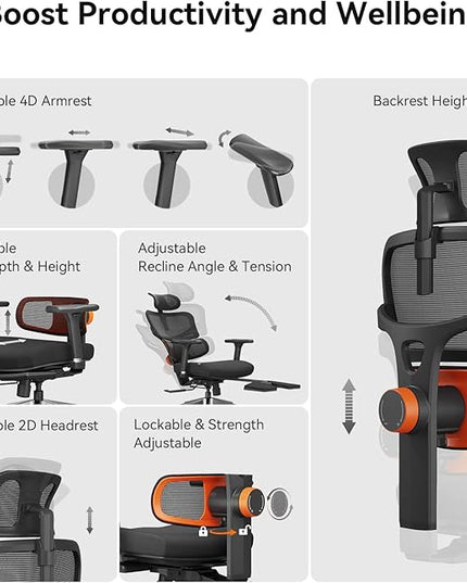 Newtral Office Chair Ergonomic - Home Office Desk Chair, Big and Tall Office Chair, Auto-Following Lumbar Support for Back Pain, Adjustable Seat Depth and Height (with Footrest + Laptop Tray, Black)