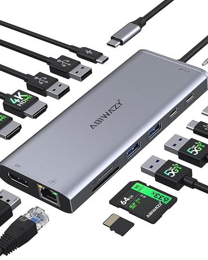 USB C Hub USB-C Docking Station Dual Monitor 14 in 1 Triple Display Multiport Adapter with 2 HDMI+DP+7 USB Type C/A Ports+Ethernet+Audio, USBC Dongle for Dell/HP/Lenovo ThinkPad/Surface(Grey)