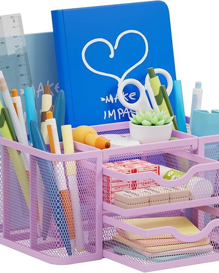 Marbrasse Mesh Desk Organizer, Pen Holder with 2 Drawer, Multi-Functional Pencil Holder, Desk Organizers and Accessories with 5 Compartments + Drawer for Office Art Supplies (Purple)