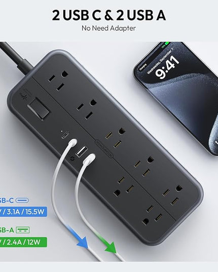 NTONPOWER 25 FT Extension Cord 10 Widely Spaced Outlets, 4 USB Port(2 USB C Port), Ultra Thin Flat Plug Extension Cords 25 Feet, Long Extension Cord for Home Office Garage, Black