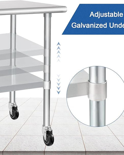 HARDURA Stainless Steel Table with Wheels 30 x 60 Inches Casters NSF Heavy Duty Commercial Work & Prep Table with Undershelf and Galvanized Legs for Restaurant Kitchen Bar and Hotel Garage