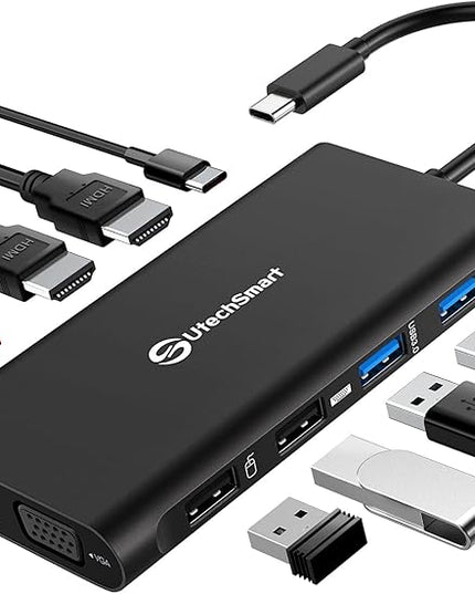 UtechSmart Triple Monitor USB-C Laptop Docking Station - 11-in-1 Dock with 2 HDMI, VGA, PD3.0, SD/TF Card Slot, 4 USB Ports - Compatible with MacBook & Windows (Black)