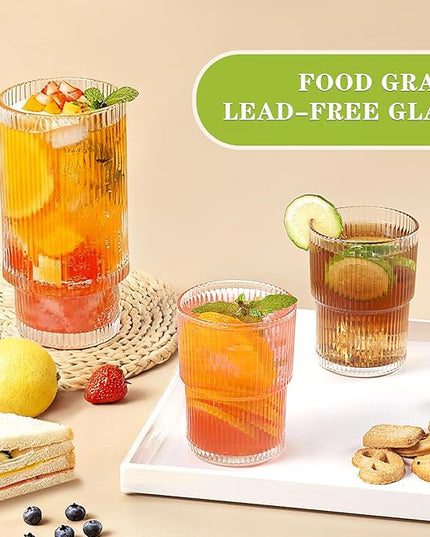 Ribbed Drinking Glasses Set of 8, Stackable Cute Kitchen Glasses Cups 16oz and 7oz Iced Coffee Glasses cocktail Glass cup for Water, Beverage, Whiskey