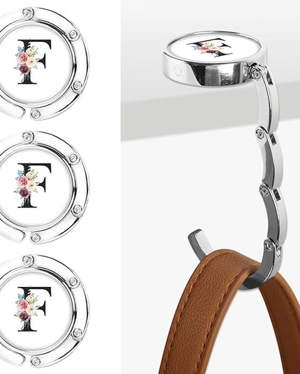 Iqimott 3pcs Personalized Initial Foldable Purse Hook for Table, Flower Letter Folding Handbag Hanger Portable Magnet Table Hook Holder, Collection Desk Purse Hooks for Women Bag (Black-F)