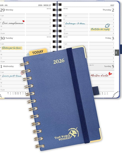 POPRUN 2026 Planner (Pocket Size 4''x 6.25'' Wire-Bond Hard Cover) Calendar Weekly and Monthly (Jan.2026-Dec.2026) Small Planner with Hourly Time Slots, for Purse, 100 GSM - Navy Blue